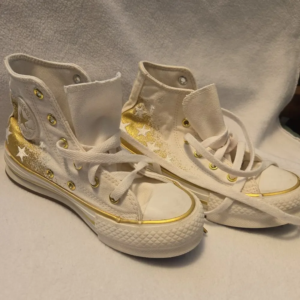 Converse High-Top All Star Sneaker Shoes, White Gold Star Platform Youth Size 1